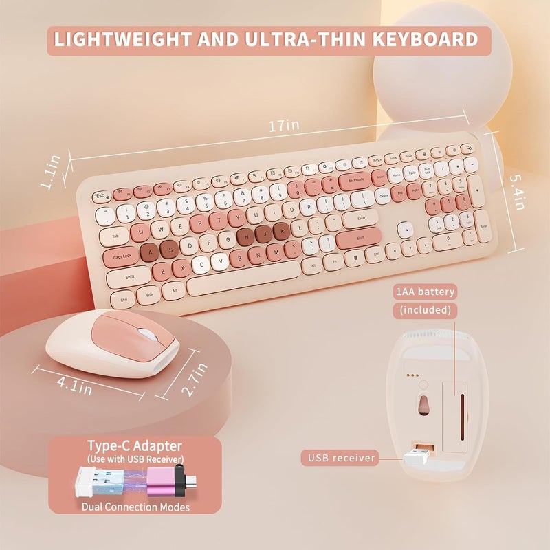 SkyGive Wireless Keyboard and Mouse Combo, Colorful Ergonomic Full Size Retro Low-Noise Keyboard with Cute keycaps, Compatible with Windows, PC, Perfer for Home and Office Keyboards (Brown) - Image 4